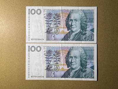 《艾美收藏》第225期-12.15周日外币精选场 - 瑞典100克朗2张 AU 1998年 初版林奈