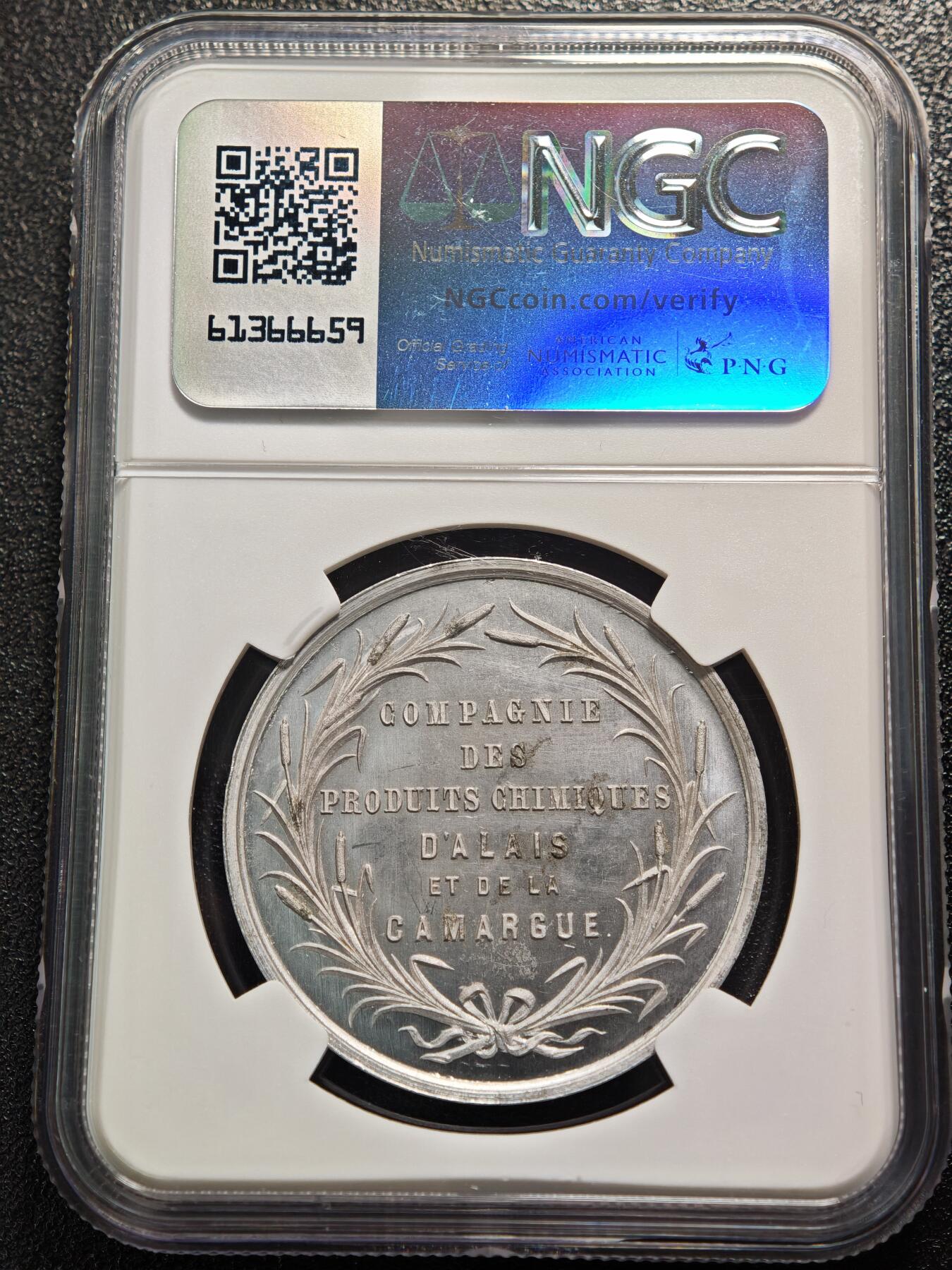 【德藏】世界币章拍卖第158期（拍品征集中~欢迎藏友联系） 18**年 法国阿拉斯-卡马格化学产品公司（Compagnie des Produits Chimiques d'Alais et de la Camargue）纪念铝章，由巴黎铸章师斯特恩（Stern）雕刻 阿拉斯-卡马格化学产品公司是19世纪法国重要的化工企业，总部位于法国南部加尔省的阿拉斯，主营盐矿、化工原料与化肥生产，是法国南部工业发展的核心企业之一 NGC MS63
