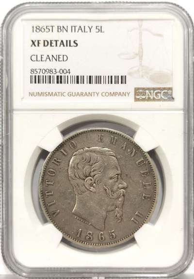 博洋堂世界钱币拍卖第153期（全场包邮） - NGC XFD 意大利1865年伊曼纽尔二世5里拉大银币（非后期普通年份 发行量仅40万，克书XF状态480美金）