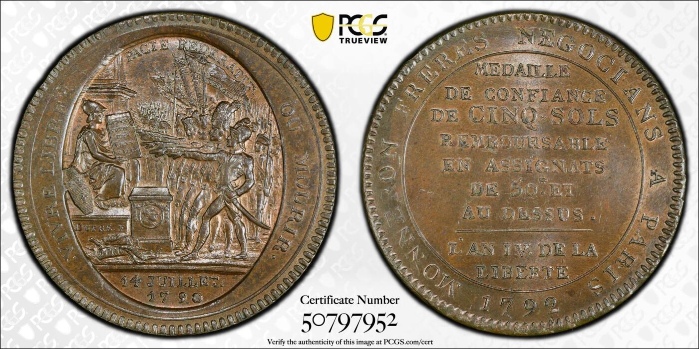 博洋堂世界钱币拍卖第153期（全场包邮） PCGS MS64BN 法国1792年莫奈龙5索尔大铜币，法系经典名品，麦稀奇所见最高分，带藏家纸袋