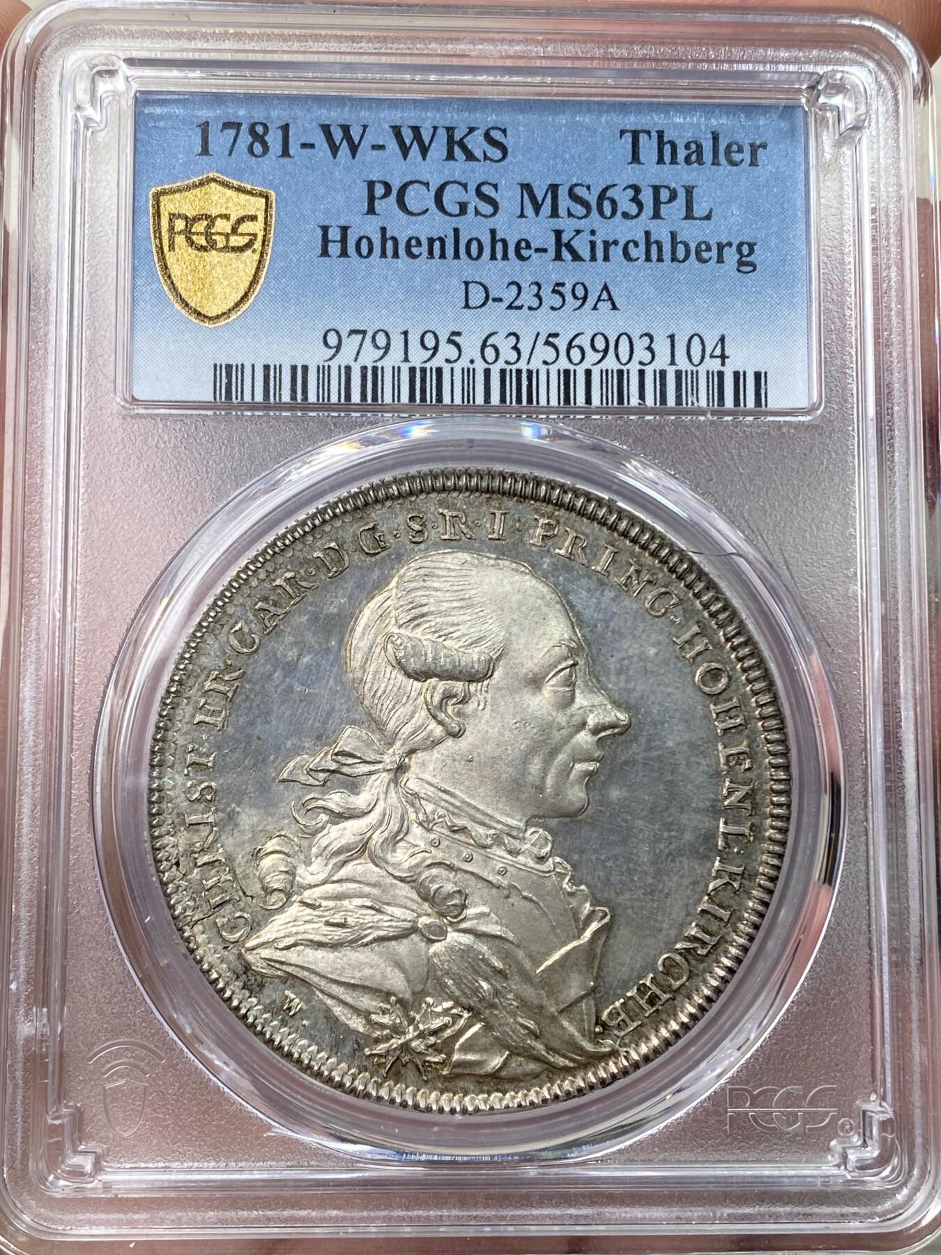 万国钱币拍卖第058期（万国新年大拍） PCGS MS63PL 1781年德国霍恩洛赫·基尔贝格里斯蒂安·弗里德里希·卡尔双狮护盾大泰勒 施瓦巴赫造币厂铸 来自18世纪末德国顶级铸币工艺 类精制镜面喷砂质感极强 高浮雕人像跃然于币面  高点细节令人惊叹 实物上手惊艳的一枚 绝对不可多得的顶级小邦泰勒藏品 PC唯一冠军分