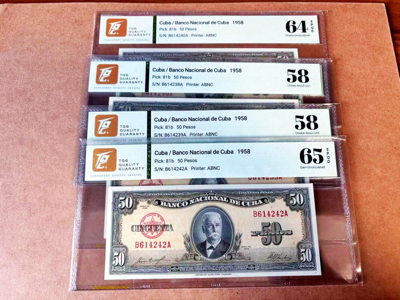 【Blue Auction】世界纸币精拍第765期——18级TOP拍卖/信誉/品质/专业/高效💫 【一组4张】古巴 1958年50比索 TQG65EQ-58