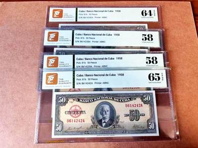 【Blue Auction】世界纸币精拍第765期——18级TOP拍卖/信誉/品质/专业/高效💫 - 【一组4张】古巴 1958年50比索 TQG65EQ-58