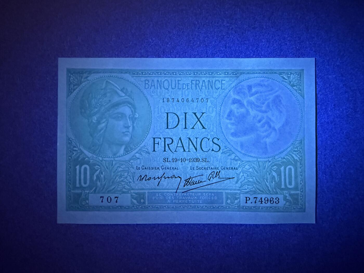 《艾美收藏》第225期-12.15周日外币精选场 法国10法郎 UNC 1939年 罗马神话中的智慧女神弥涅耳瓦