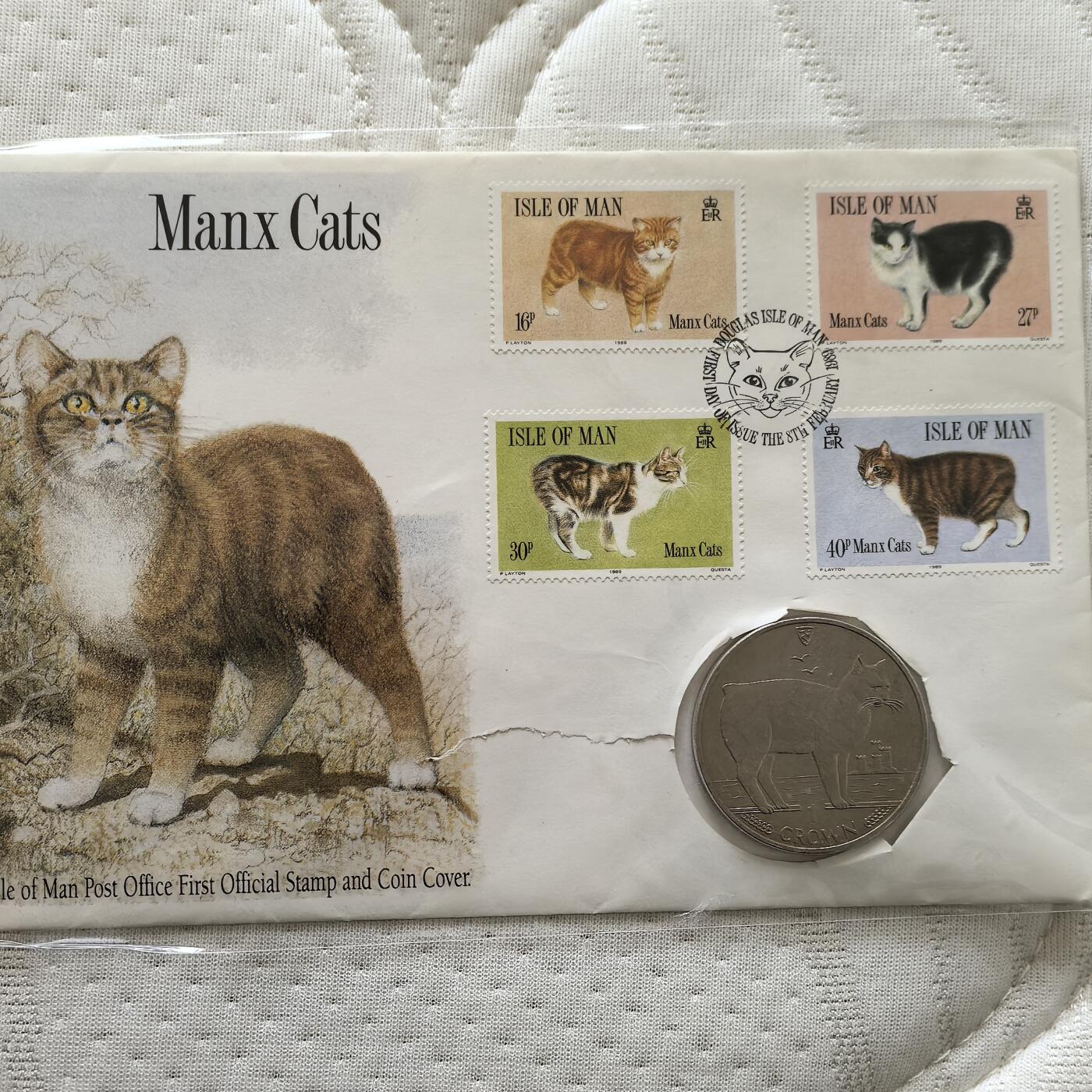 道一币馆币章第一百六十场 马恩岛1989年马恩岛猫邮币封含1988年马恩岛猫纪念币