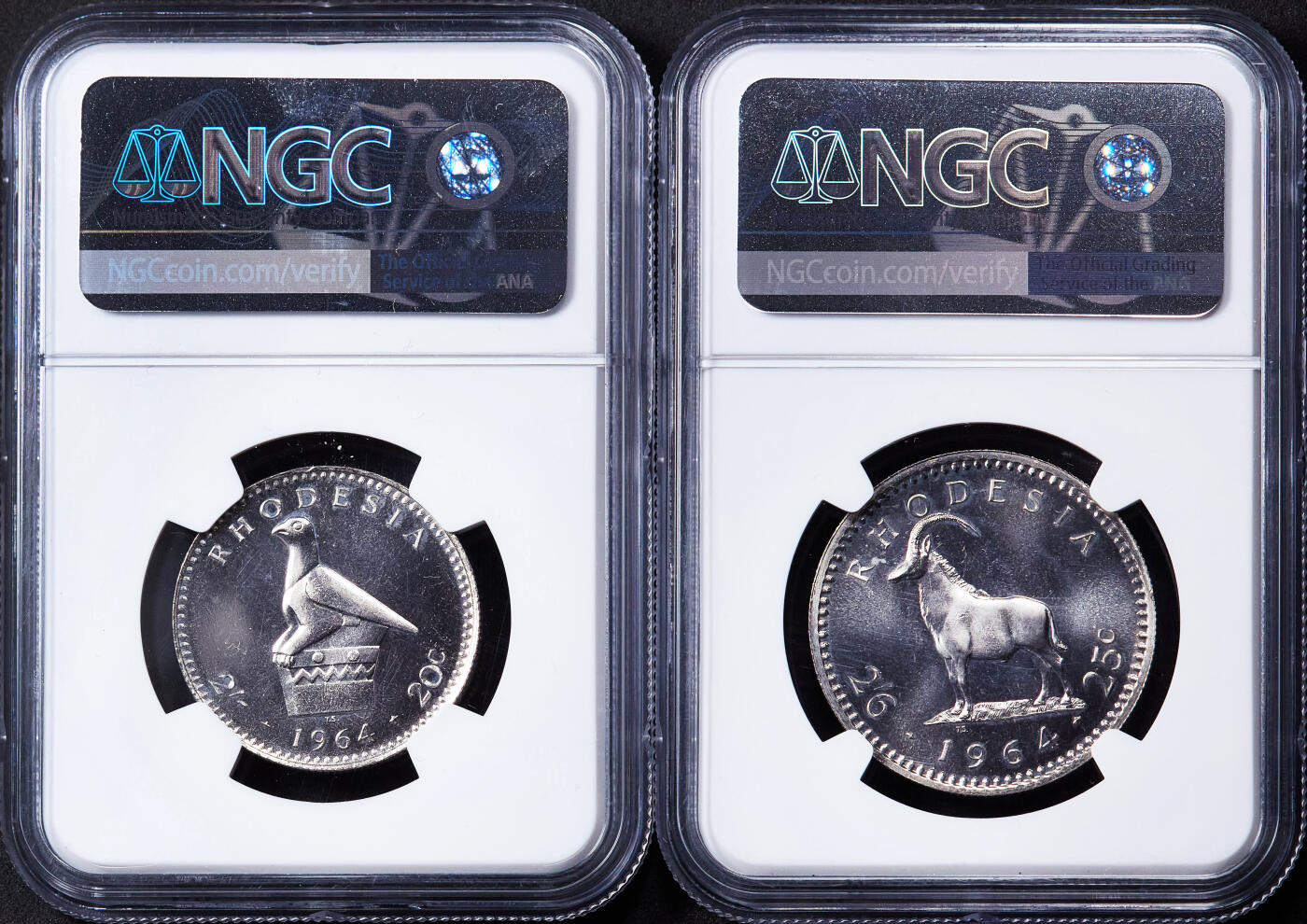 【俄甄集藏】2026年(046)01-07 星期三 晚 19:30 全场包邮 英属罗德西亚1964年6便士、1先令、2先令、2.5先令精制硬币4枚一套，NGC PF66-67，稀少品种，发行量只有2060套