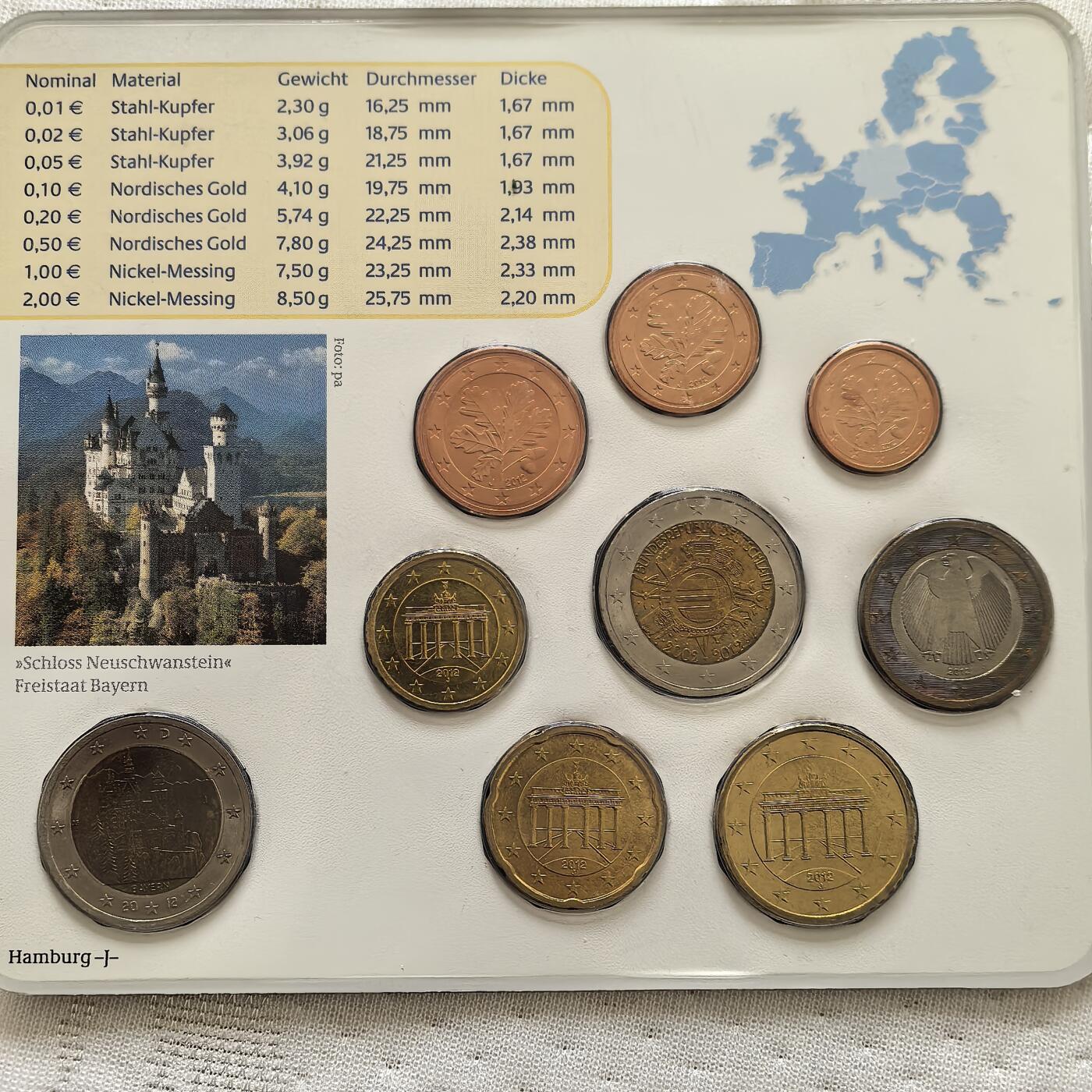 道一币馆币章第一百六十场 德国2012年纪念套币G厂九枚套  含巴伐利亚州新天鹅堡2欧纪念币和欧元发行10周年2欧纪念币-2