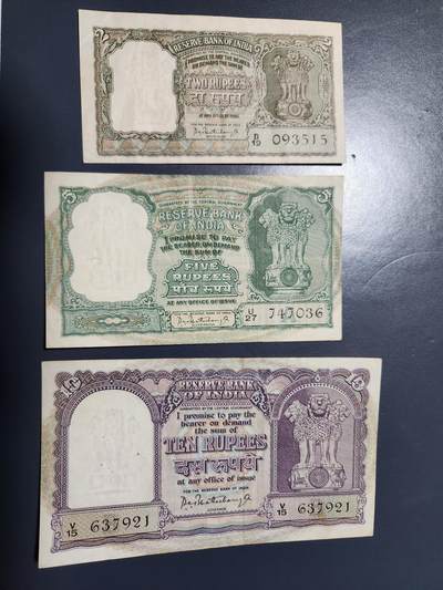 12月20号晚上8点 外国纸币自动截拍第74场 - 印度  1962-1967年 2,5,10卢比 签名75 美品一套