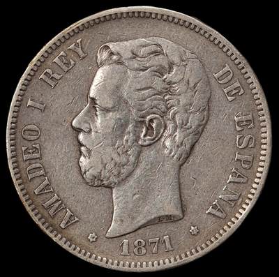 修遠堂世界钱币第九十八期 - 1871年西班牙5 PESETAS大银币 24.68g，90%银