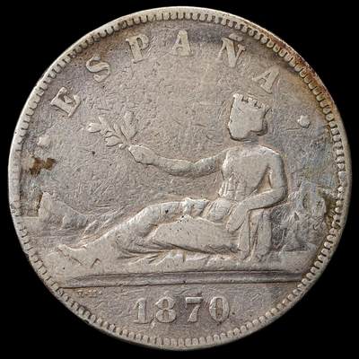 修遠堂世界钱币第九十八期 - 1870年西班牙拿花5 PESETAS大银币 24.68g，90%银