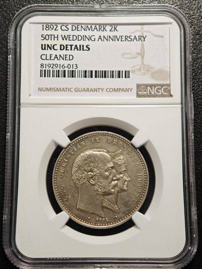 【德藏】世界币章拍卖第158期（拍品征集中~欢迎藏友联系） - 1892年 丹麦克里斯蒂安九世与路易丝王后金婚纪念2克朗银币 NGC UNC 状态安逸