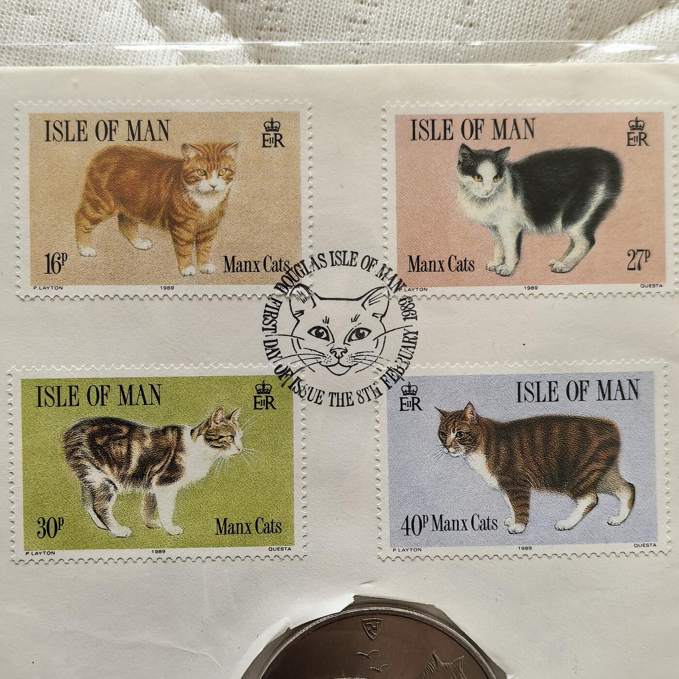 道一币馆币章第一百六十场 马恩岛1989年马恩岛猫邮币封含1988年马恩岛猫纪念币