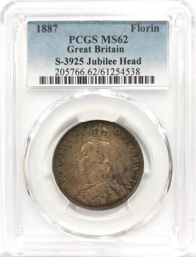 博洋堂世界钱币拍卖第153期（全场包邮） - PCGS MS62 英国1887年维多利亚高冠1弗洛林银币，极美欧洲包浆