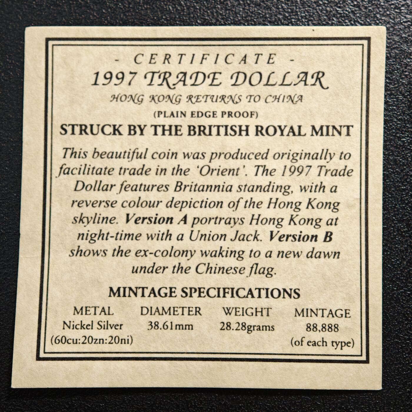 【德藏】世界币章拍卖第158期（拍品征集中~欢迎藏友联系） 2枚一套  1997年 英国皇家造币厂发行香港回归贸易银币图案彩色精制镍章 原盒 带证书