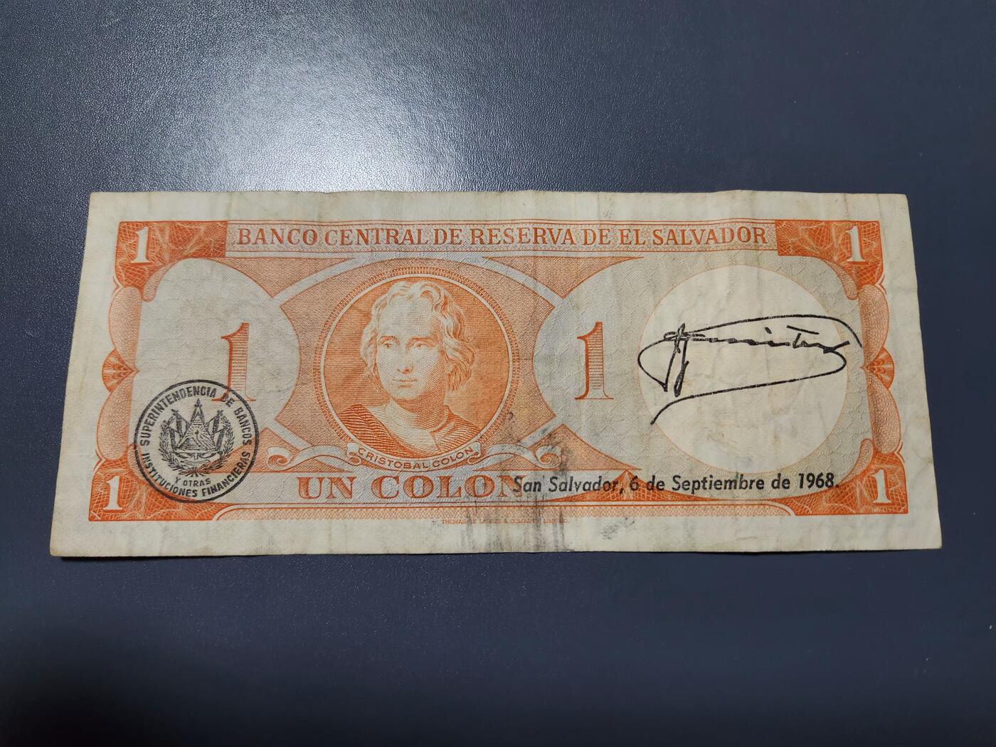 12月21号晚上8点 外国纸币自动截拍第75场 萨尔瓦多1967年1科朗纸币 第二版，稀少