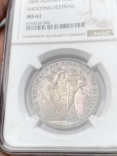 万国钱币拍卖第058期（万国新年大拍） NGC MS61 1868年奥地利维也纳第三届德意志联邦射击节橡树泰勒 女神与橡树完美结合 奥射中的稀有品种 深玫瑰五彩原味包浆极美收藏品质