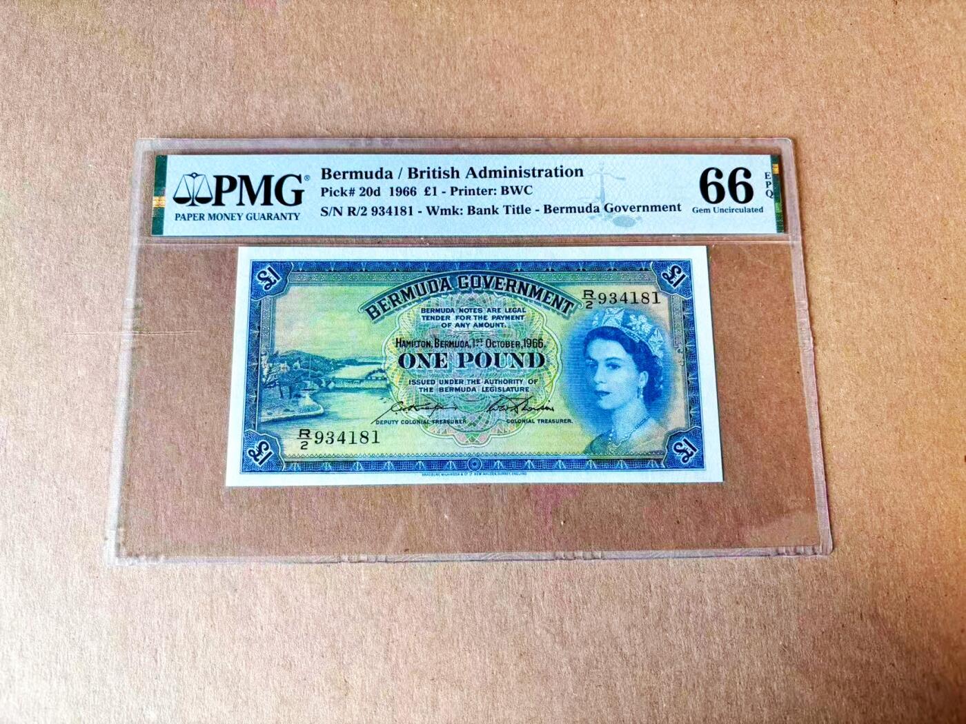 【Blue Auction】世界纸币精拍第765期——18级TOP拍卖/信誉/品质/专业/高效💫 百慕大 1966年1镑 BWC出品 大冠女王 满版水印 PMG66EPQ 