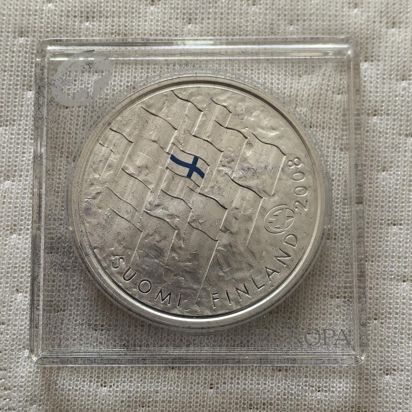 道一币馆币章第一百六十场 欧洲之星 芬兰2008年国旗使用90周年10欧元精制银币 25.5g 925s 35000