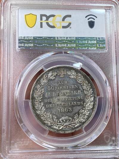 万国钱币拍卖第058期（万国新年大拍） PCGS MS63 1863年德国不莱梅解放五十周年纪念泰勒 不莱梅三款双狮联合泰勒中发行量最少的一款 仅铸造2W枚且进入流通 好品难寻 五彩类镜面质感