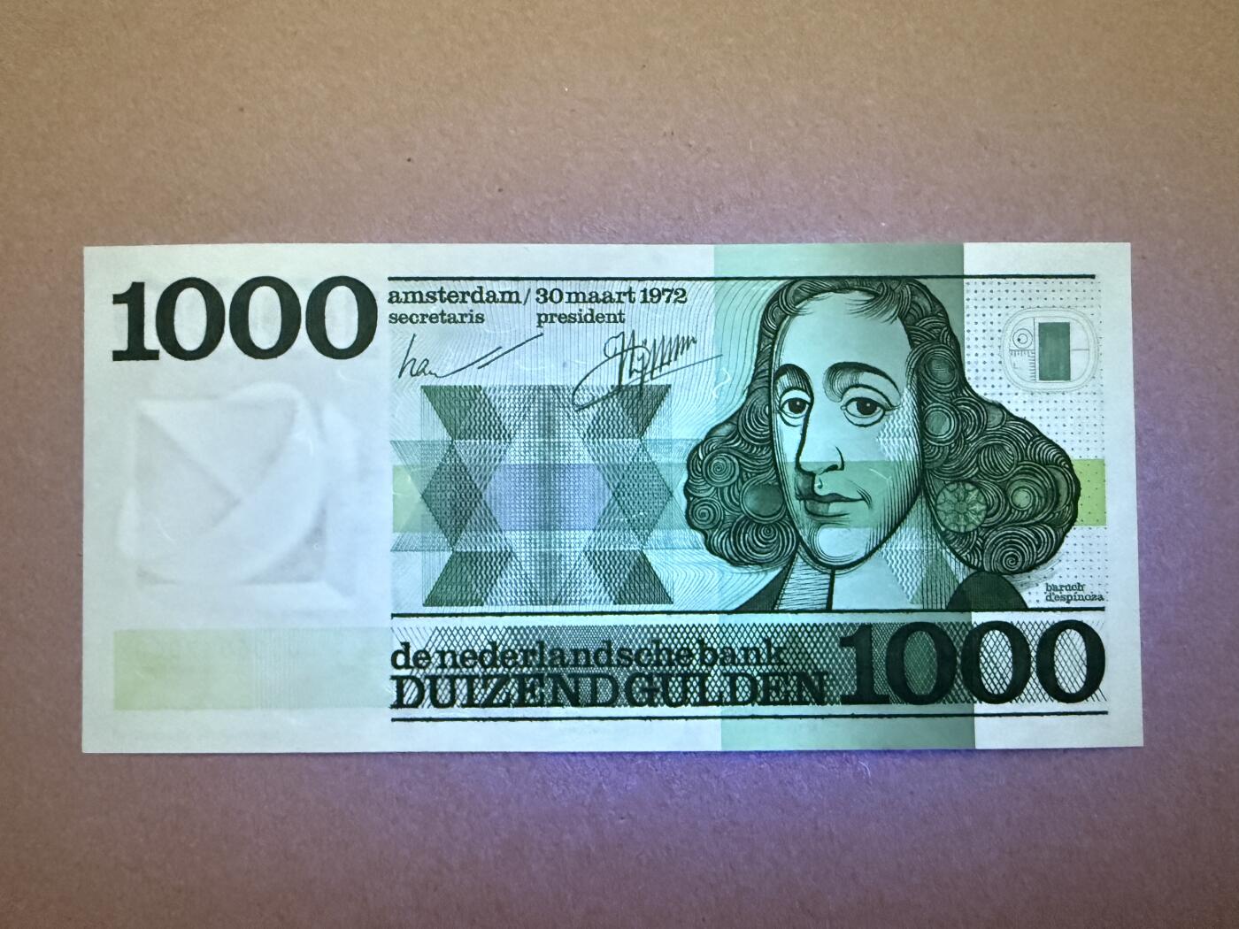 《艾美收藏》第225期-12.15周日外币精选场 荷兰1000盾 UNC 1972年 人像版斯宾诺莎 无4 汇率人民币4000元