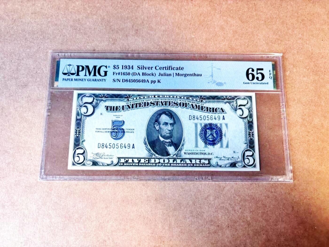【Blue Auction】世界纸币精拍第765期——18级TOP拍卖/信誉/品质/专业/高效💫 美国 1934年 5美金 银币券 PMG65EPQ 