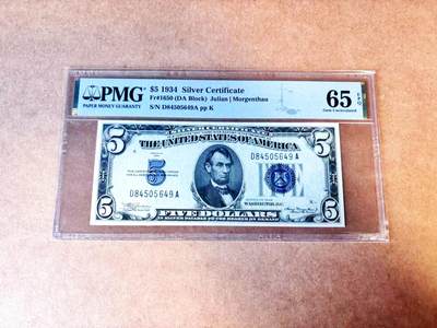 【Blue Auction】世界纸币精拍第765期——18级TOP拍卖/信誉/品质/专业/高效💫 - 美国 1934年 5美金 银币券 PMG65EPQ 