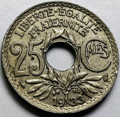 文馨钱币收藏第 286 场，圣诞节专场【 长期接收代拍品低至 0 佣金】 - 好品 1933 年法兰西第三共和国 第四版本 25 分