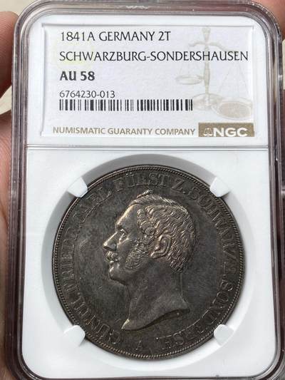 万国钱币拍卖第058期（万国新年大拍） - NGC AU58 1841年德国施瓦茨堡-桑德斯豪森野人流通2泰勒 邦国时期2泰勒代表之作 独特的纹章设计令人过目难忘 因发行量稀少想入藏一枚好品难度极大 双面原味火烧云晚霞包浆 高点细节极佳