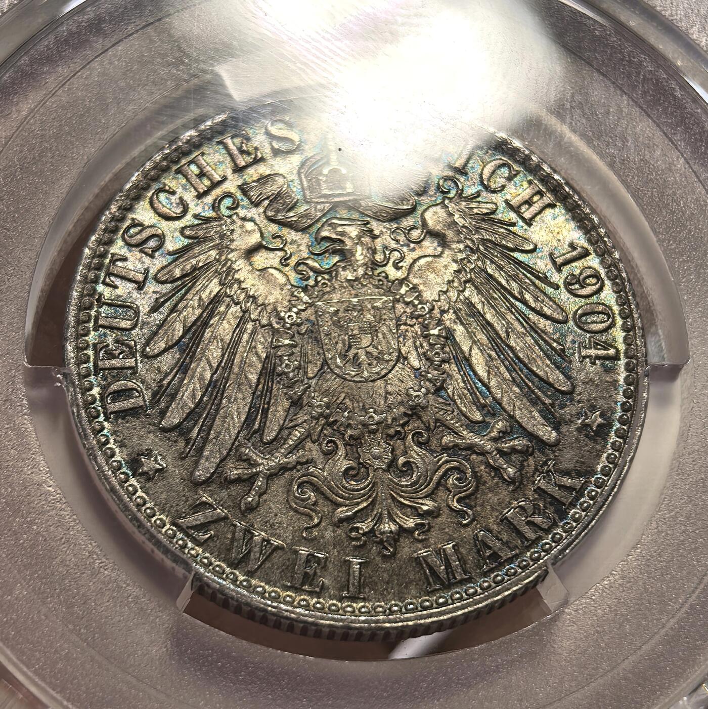 博洋堂世界钱币拍卖第153期（全场包邮） PCGS MS67 德国不莱梅自由市1904年流通2马克，炫彩，超高分Top!