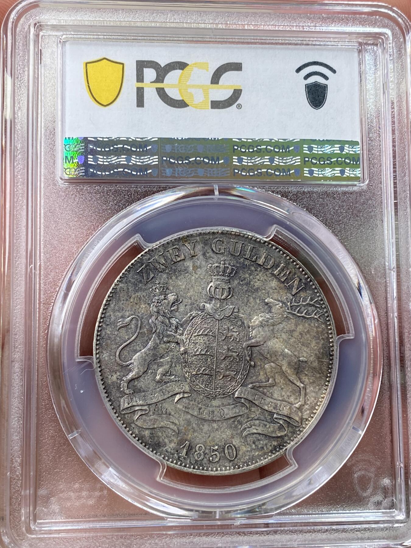 万国钱币拍卖第058期（万国新年大拍） PCGS MS62 1850年德国符腾堡狮鹿流通2古尔登大银币 非常舒适的原味黑五彩包浆