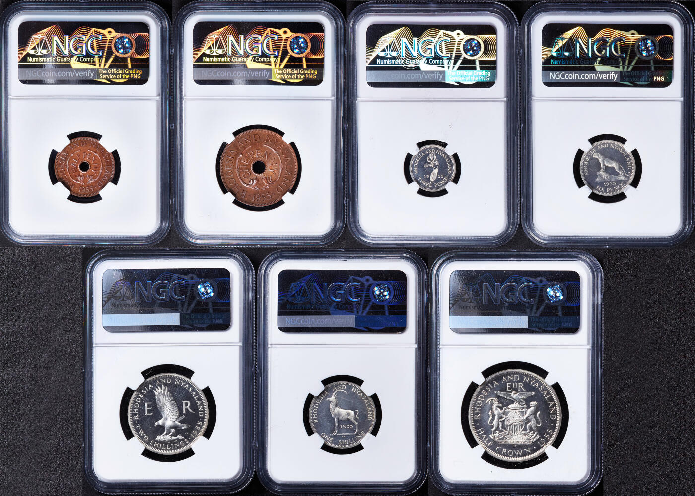 【俄甄集藏】2026年(046)01-07 星期三 晚 19:30 全场包邮 英属罗德西亚-尼亚萨兰1955年1/2便士-半克朗精制铜币、银币7枚大全套，NGC PF63-65，稀有品种，发行量只有2000套