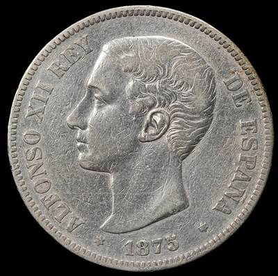 修遠堂世界钱币第九十八期 - 1875年西班牙5 PESETAS大银币 阿方索十二世 24.65g，含银90%