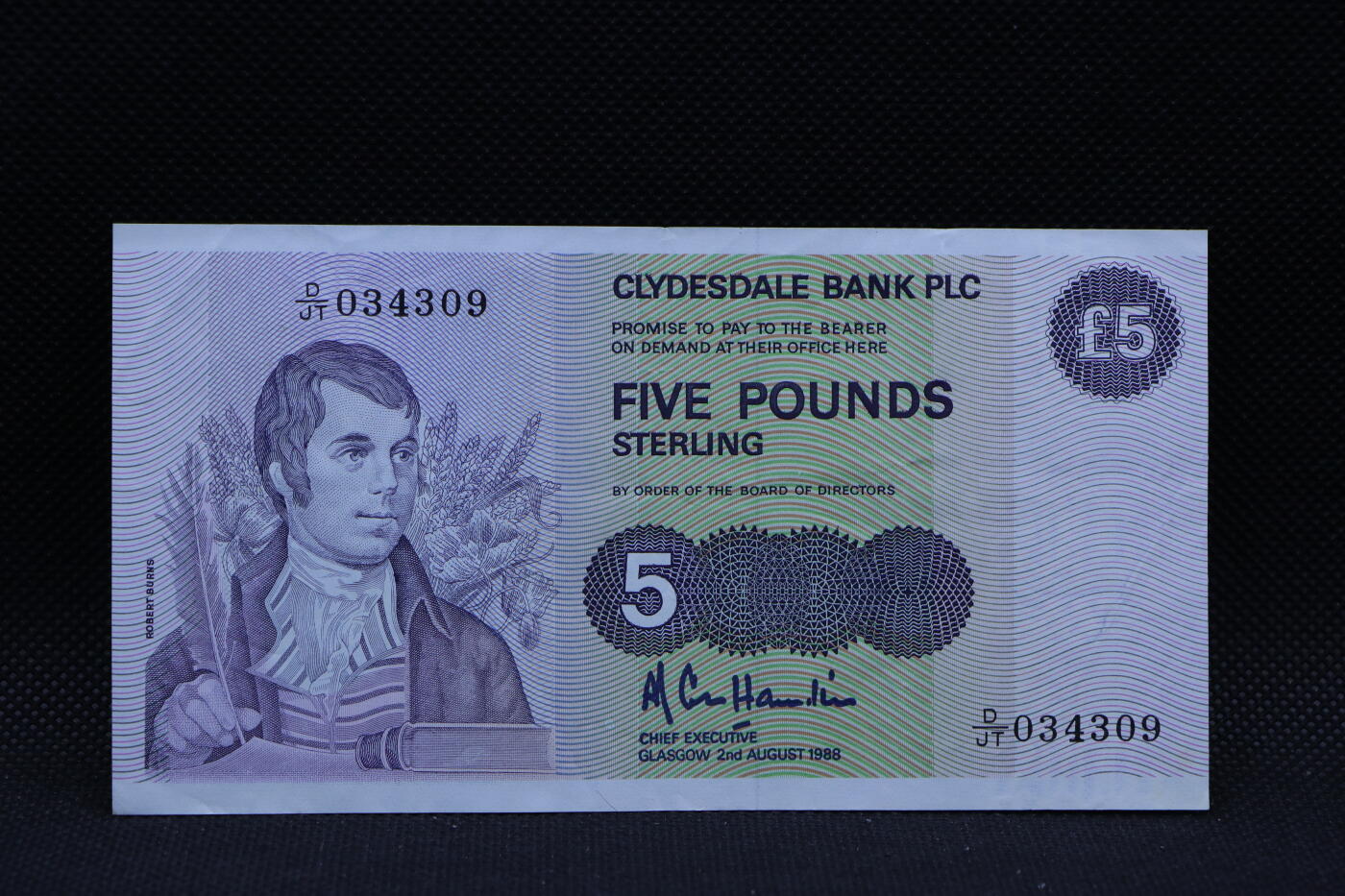 【淘币小摊】限时拍第八百三十四拍  纸币场  满百包邮可预留两周  周一统一发货    英国苏格兰克莱代尔银行1988面5镑纸币【有折】