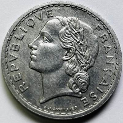 文馨钱币收藏第 286 场，圣诞节专场【 长期接收代拍品低至 0 佣金】 - 1945 年法兰西第四共和国 第一版本 5 法郎大铝币，首发年