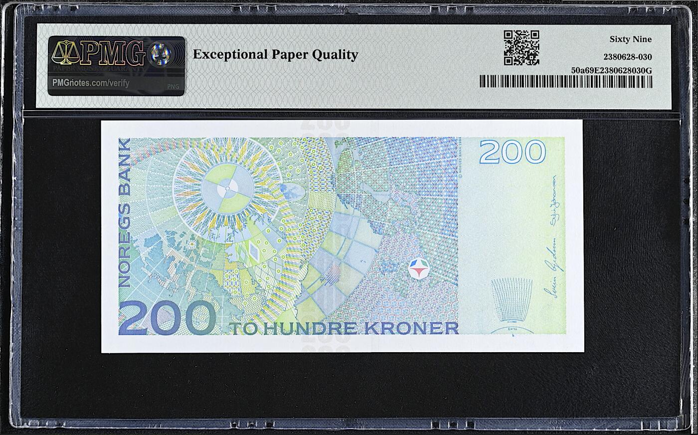 《艾美收藏》第225期-12.15周日外币精选场 挪威200克朗 PMG69E 2002年首发年a版 无347尾8 唯一冠军分