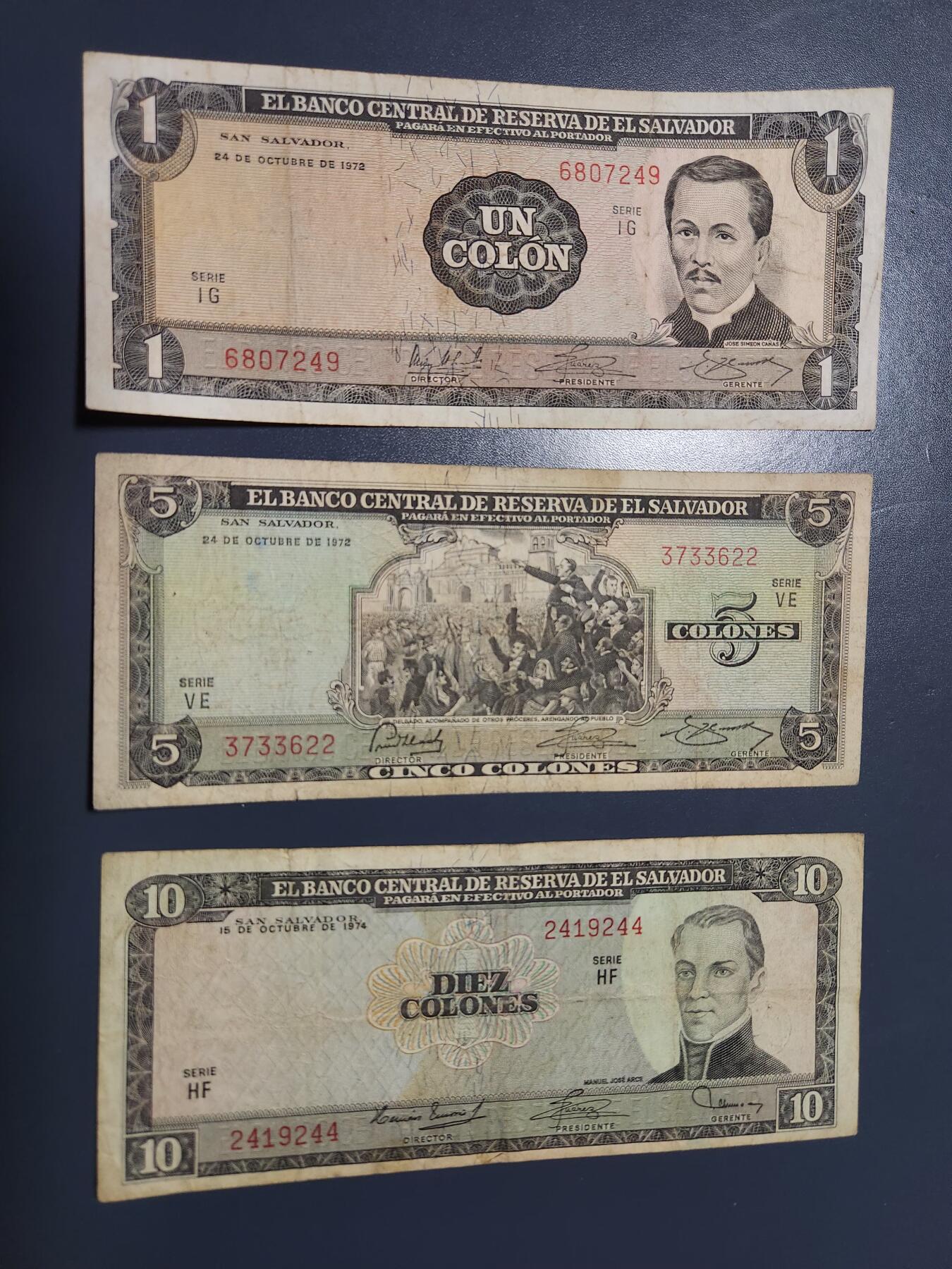 12月21号晚上8点 外国纸币自动截拍第75场 萨尔瓦多1971-74年1-5-10科朗纸币 第二版，稀少