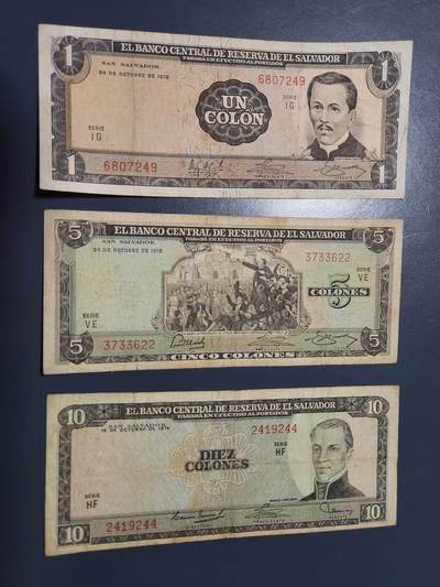 12月21号晚上8点 外国纸币自动截拍第75场 - 萨尔瓦多1971-74年1-5-10科朗纸币 第二版，稀少