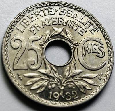 文馨钱币收藏第 286 场，圣诞节专场【 长期接收代拍品低至 0 佣金】 - 原光好品 1932 年法兰西第三共和国 第四版本 25 分