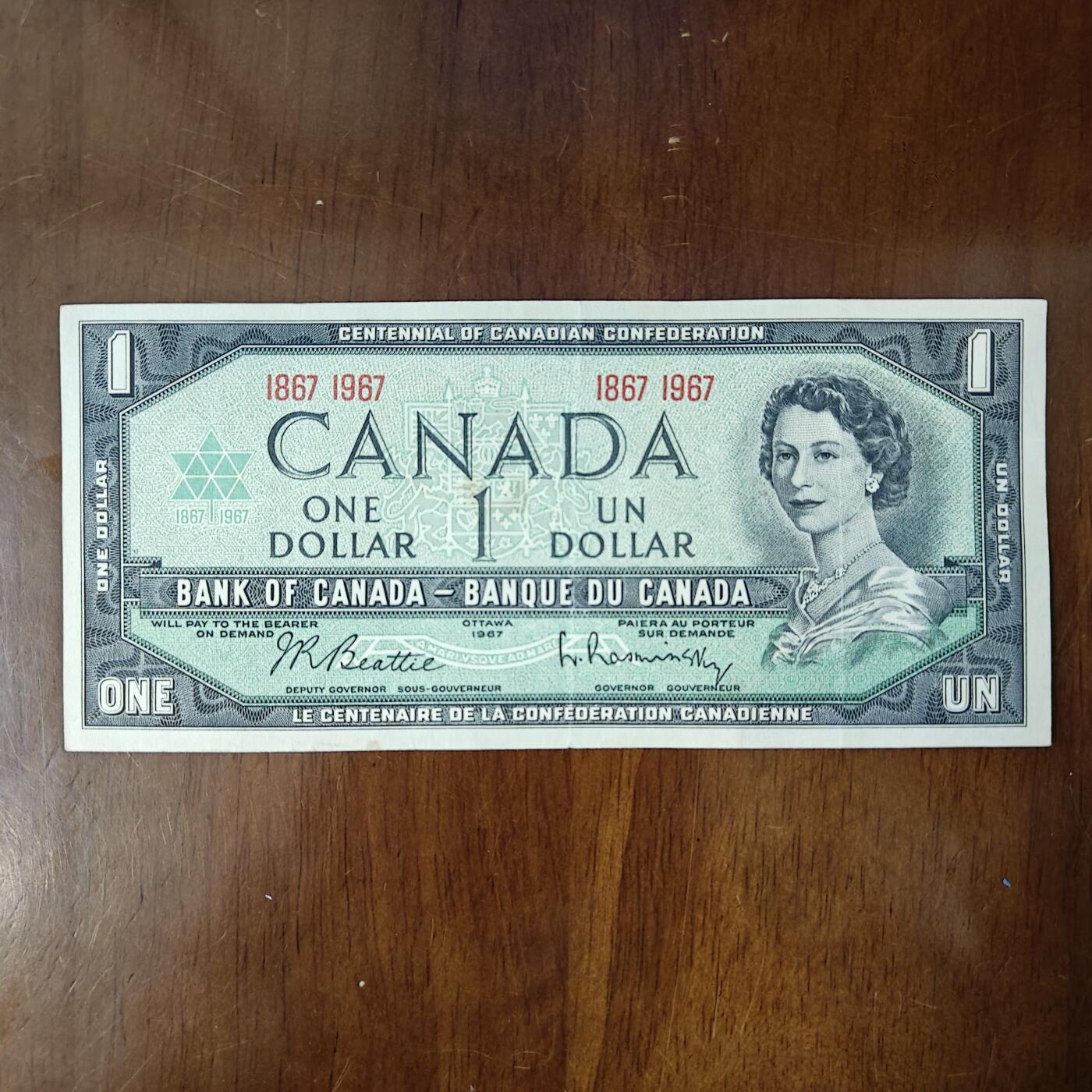 全新1967年 加拿大 1 圆 联邦百年纪念钞流通品品如图