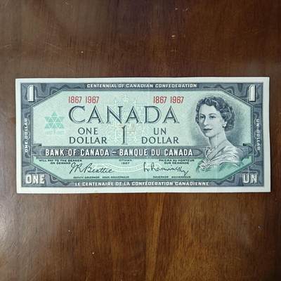 全新1967年 加拿大 1 圆 联邦百年纪念钞流通品品如图 - 全新1967年 加拿大 1 圆 联邦百年纪念钞流通品品如图