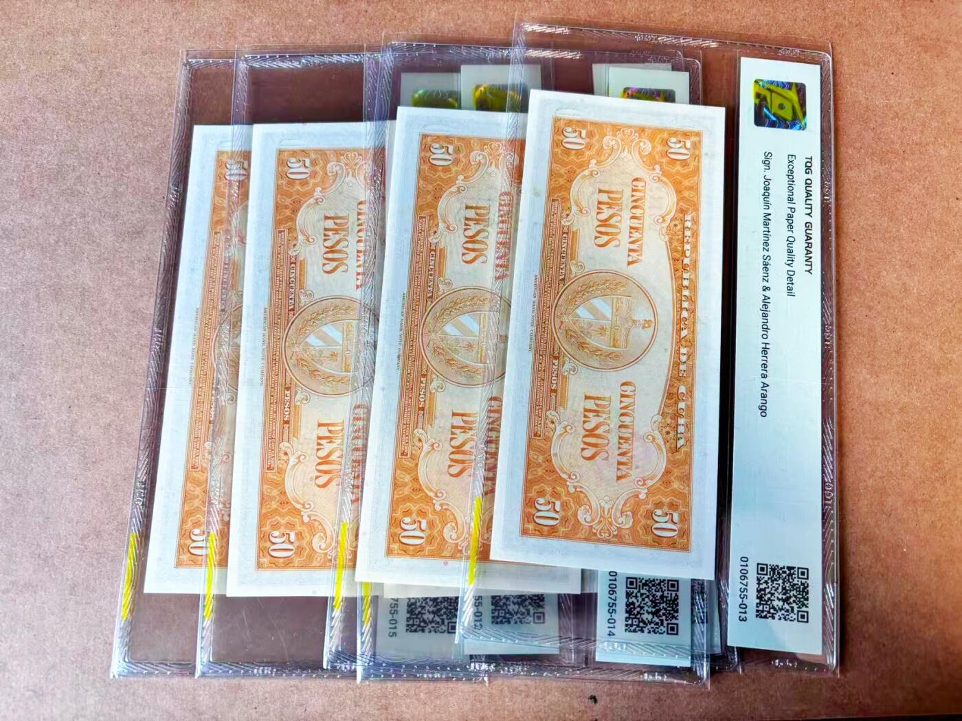 【Blue Auction】世界纸币精拍第765期——18级TOP拍卖/信誉/品质/专业/高效💫 【一组4张】古巴 1958年50比索 TQG65EQ-58