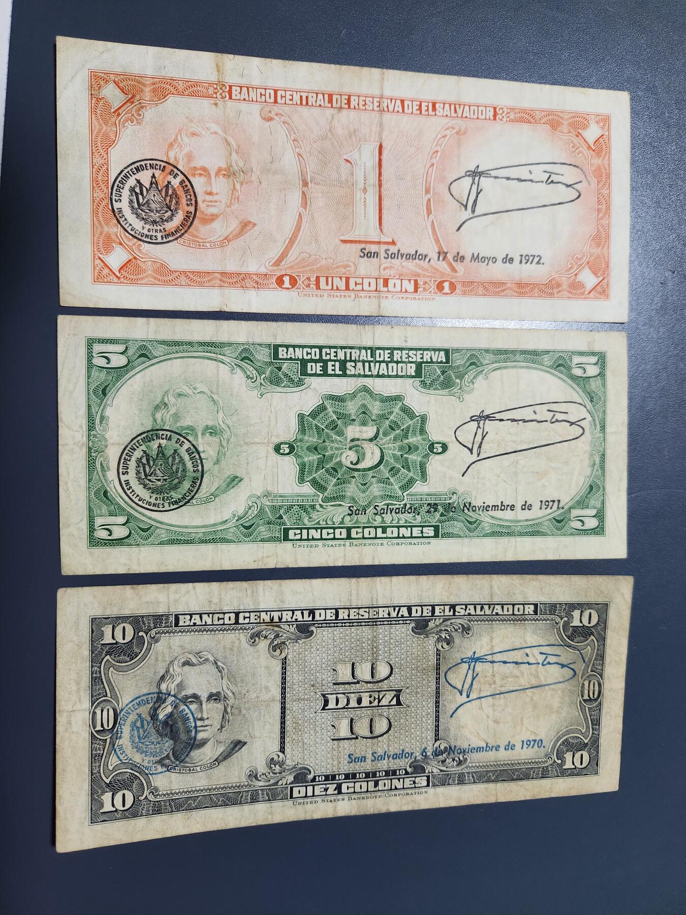 12月21号晚上8点 外国纸币自动截拍第75场 萨尔瓦多1968-70年1-5-10科朗纸币 第一版，稀少