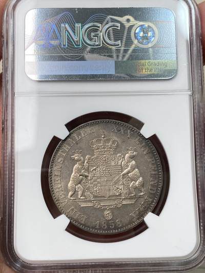 万国钱币拍卖第058期（万国新年大拍） NGC MS62 1858年德国安哈尔特-德邵双熊护盾流通泰勒 首年版本全深打 熊毛粒粒分明 原味玫瑰红彩渐变包浆环绕 难度极大的流通小邦品种