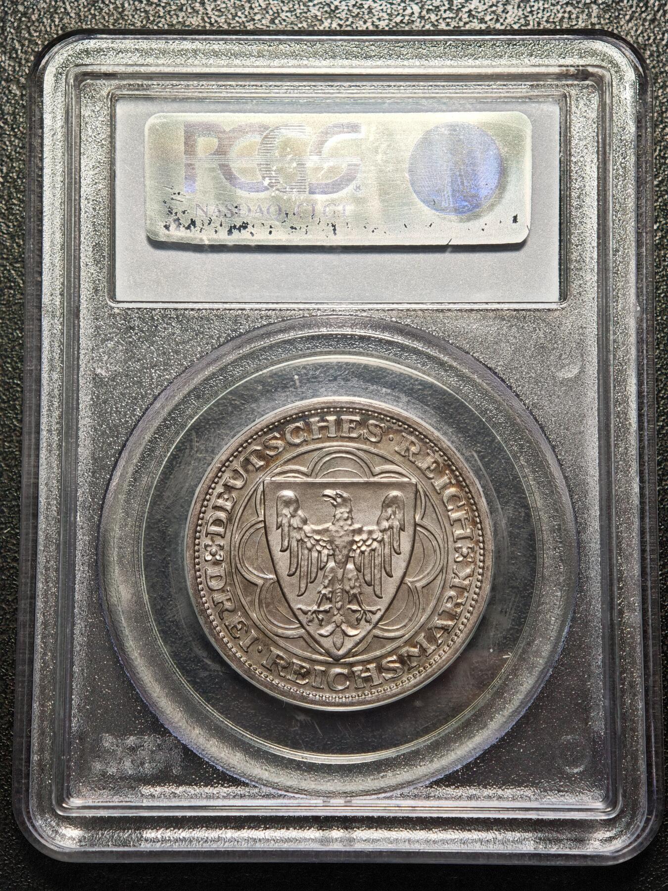 【德藏】世界币章拍卖第158期（拍品征集中~欢迎藏友联系） 1927年 德国魏玛不来梅港建港300周年纪念3马克精制银币 PCGS PR65 环彩包浆 状态极佳