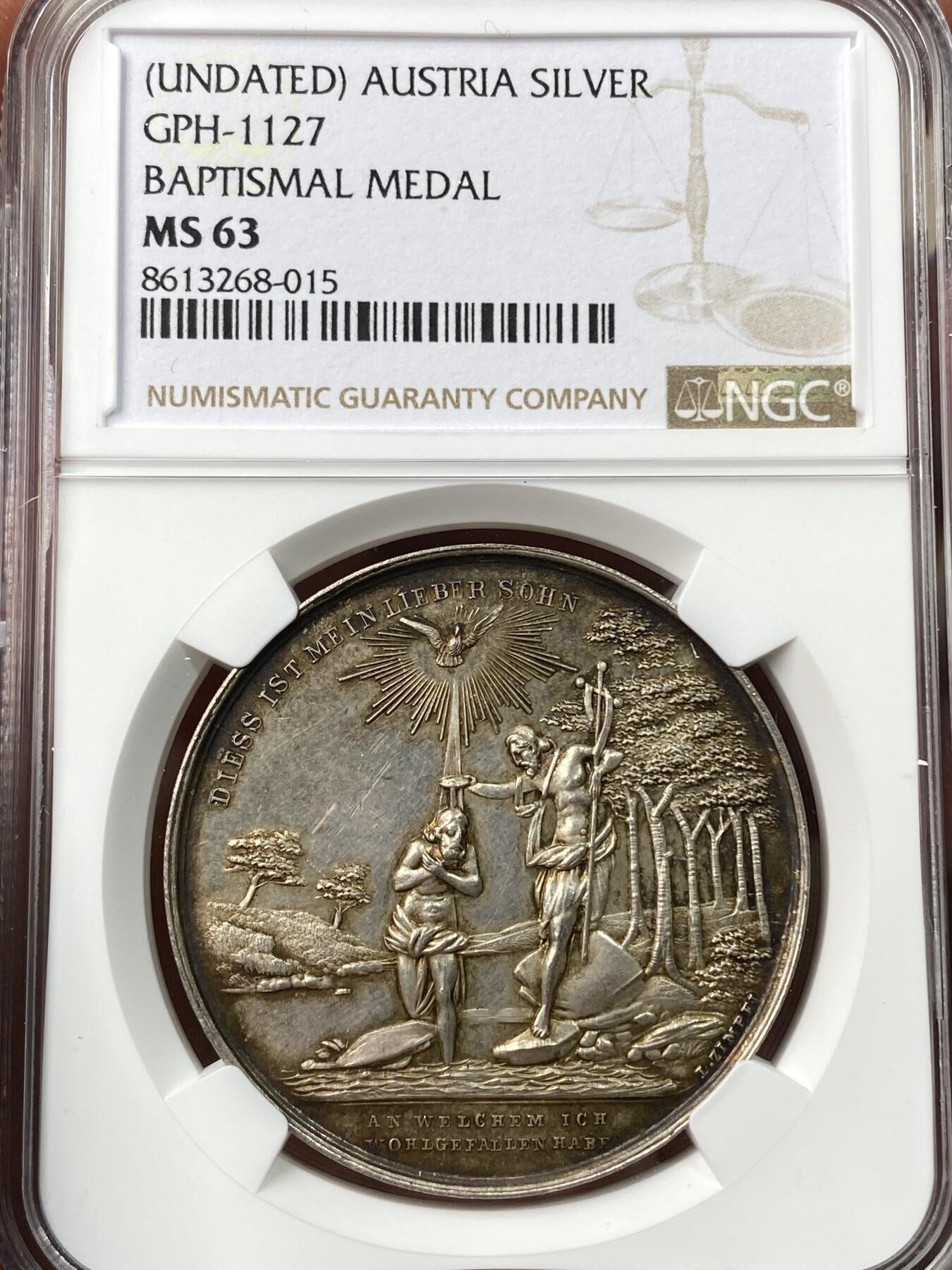 万国钱币拍卖第058期（万国新年大拍） NGC MS63 19世纪奥地利洗礼纪念大银章 正面为约翰为耶稣在约旦河施洗 背面小天使手持盾徽未签名未使用款原味极其精美