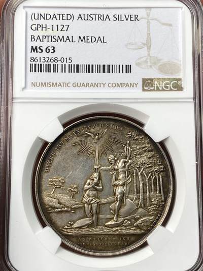 万国钱币拍卖第058期（万国新年大拍） - NGC MS63 19世纪奥地利洗礼纪念大银章 正面为约翰为耶稣在约旦河施洗 背面小天使手持盾徽未签名未使用款原味极其精美