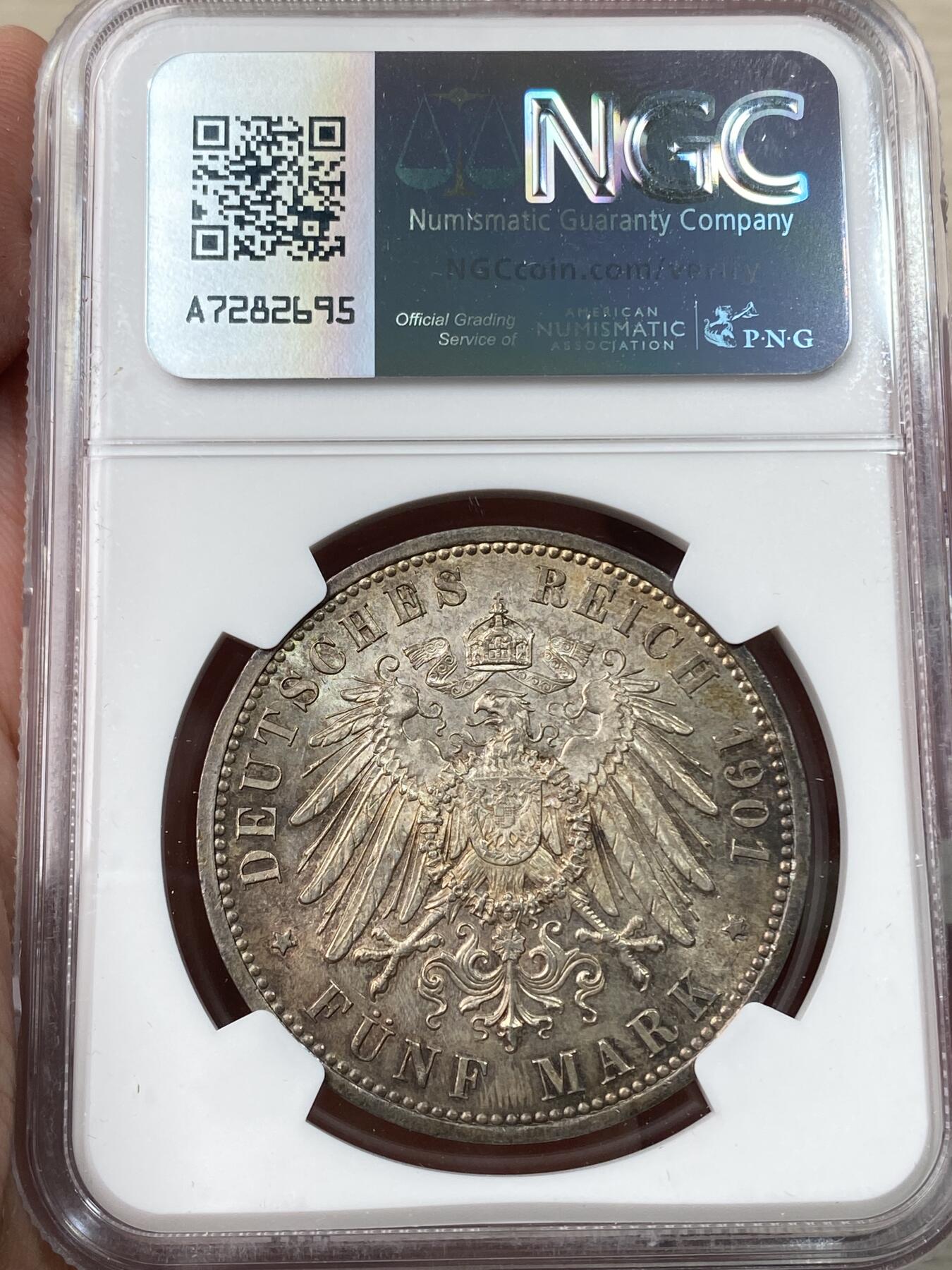 万国钱币拍卖第058期（万国新年大拍） NGC MS63 1901年德国普鲁士建国200周年纪念长翅5马克 原味银霜欧陆五彩 普鲁士经典品种