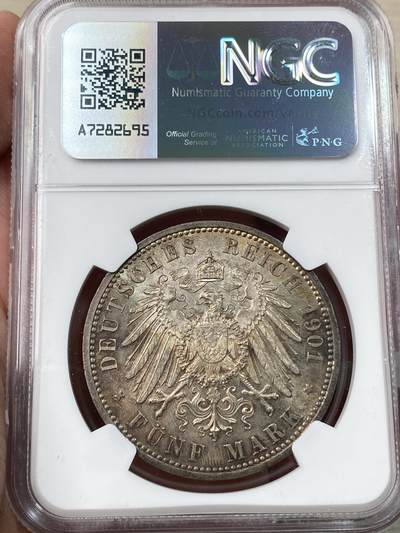 万国钱币拍卖第058期（万国新年大拍） NGC MS63 1901年德国普鲁士建国200周年纪念长翅5马克 原味银霜欧陆五彩 普鲁士经典品种