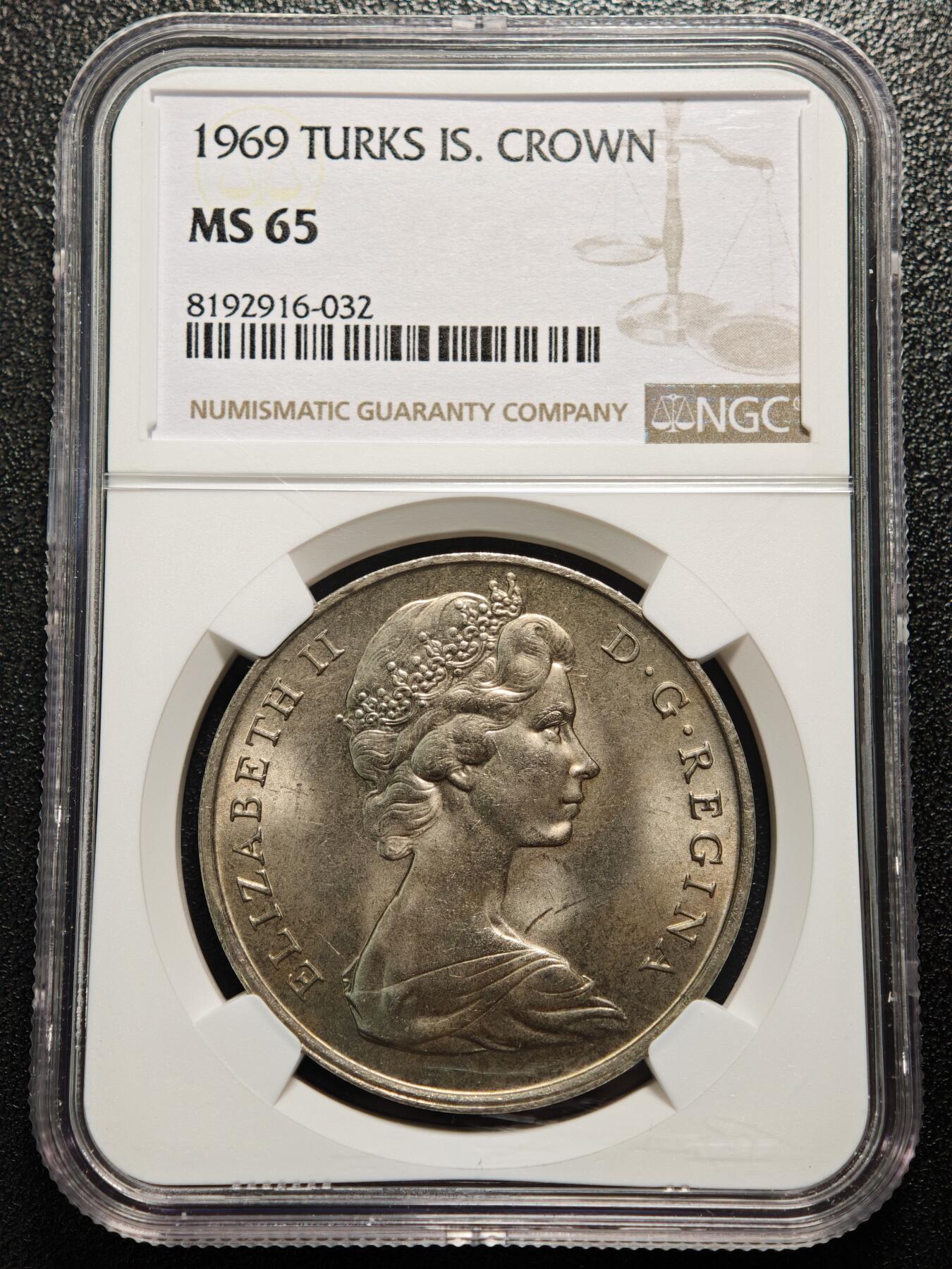 【德藏】世界币章拍卖第158期（拍品征集中~欢迎藏友联系） 1969年 特克斯和凯科斯群岛伊丽莎白二世1克朗纪念镍币 NGC MS65 原光十足