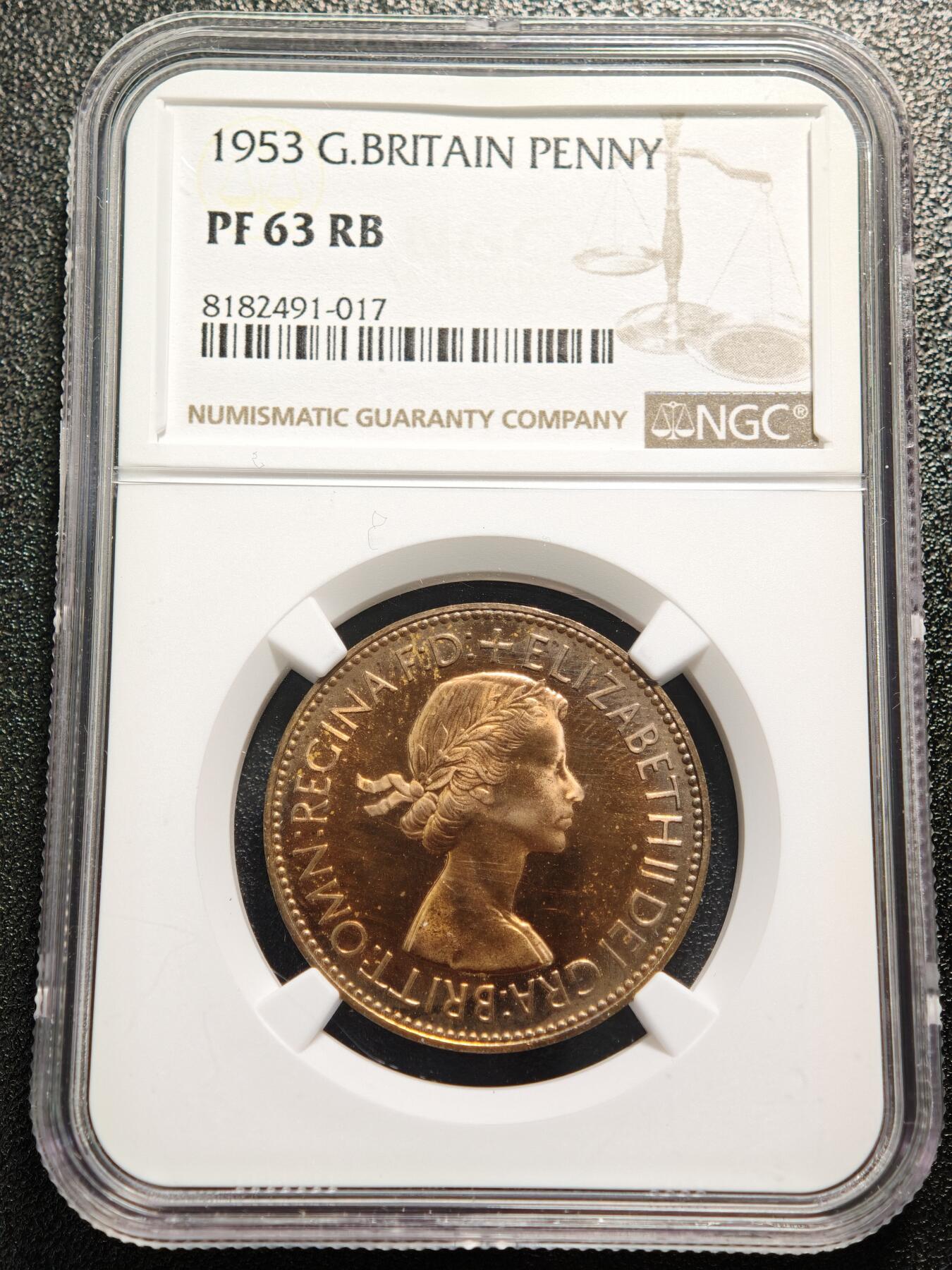 【德藏】世界币章拍卖第158期（拍品征集中~欢迎藏友联系） 1953年 英国伊丽莎白二世加冕版1便士精制铜币 NGC PF63RB 镜面感强